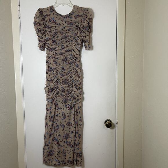 Free People Briella Midi tan floral dotted cinch side slit Dress XS -read - Picture 2 of 9